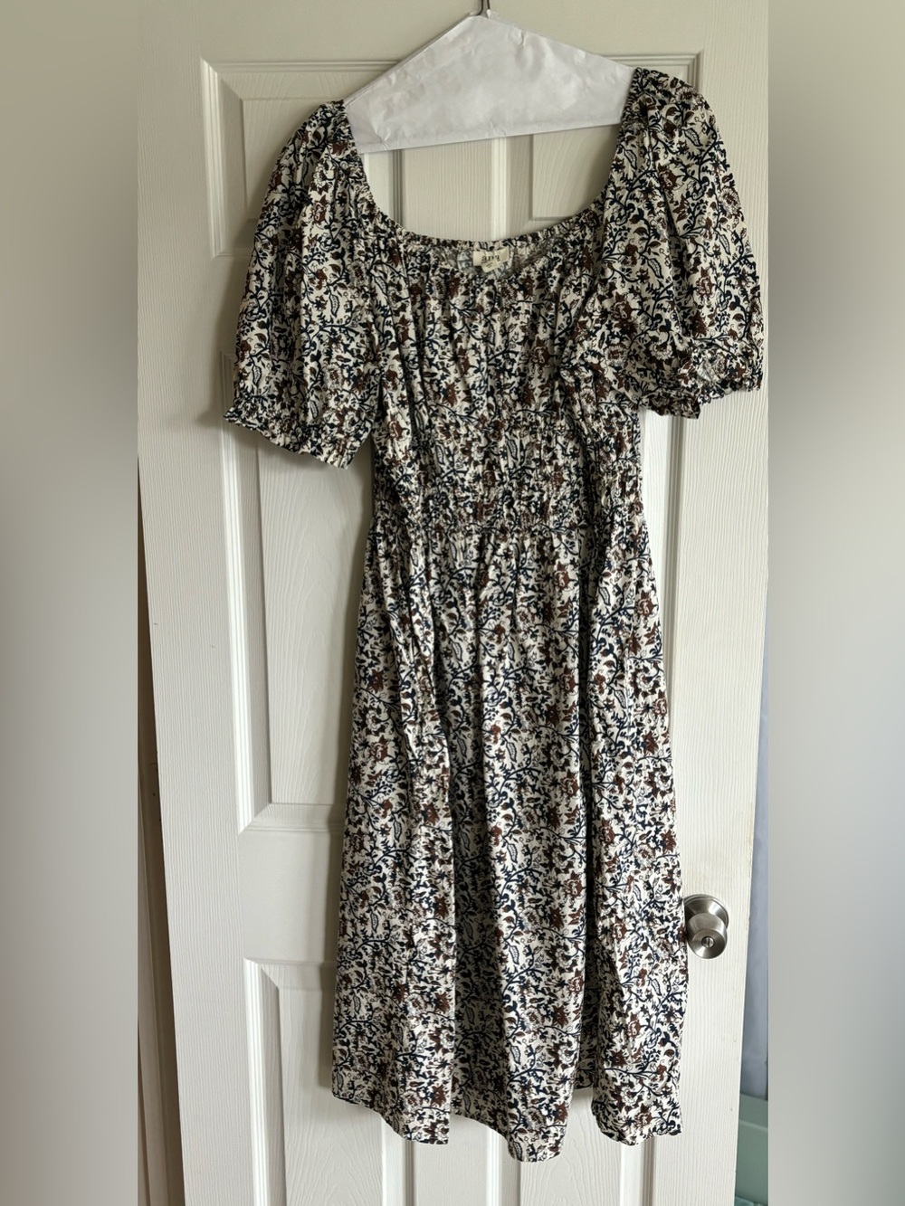 A.N.A. Floral Puff Sleeve Midi Dress - Cream, Navy & Brown XXL